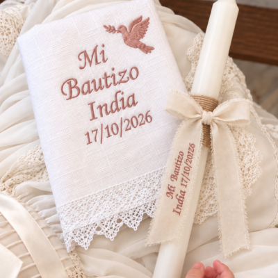 Vela Bautizo Lazo  Personalizado + Gasa de Bautizo + Cajita