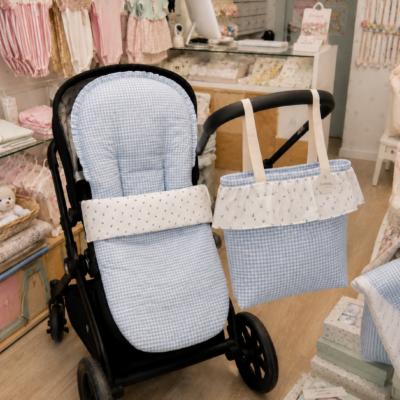 Saco de silla universal + Talega Modelo Vichy celeste y tela liberty